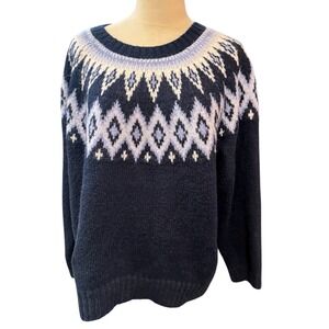 Old Navy Womens Large Fair Isle Nordic Sweater Navy Blue White Geometric Knit L